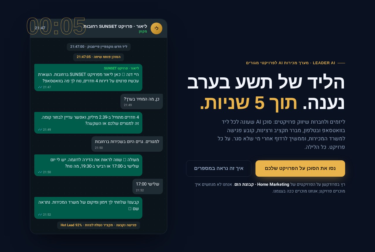 דוגמה לדף נחיתה שנבנה ב-Leader AI, קמפיין ליזמים ומשווקים עם שיחת וואטסאפ של סוכן AI